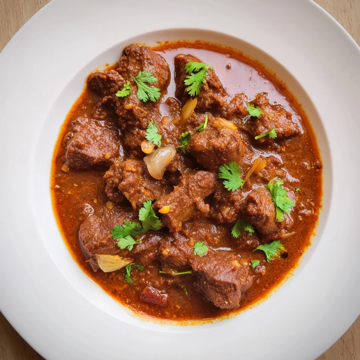 Savory Indian beef curry with tomato gravy served over fluffy white rice with lemon wedges on plate