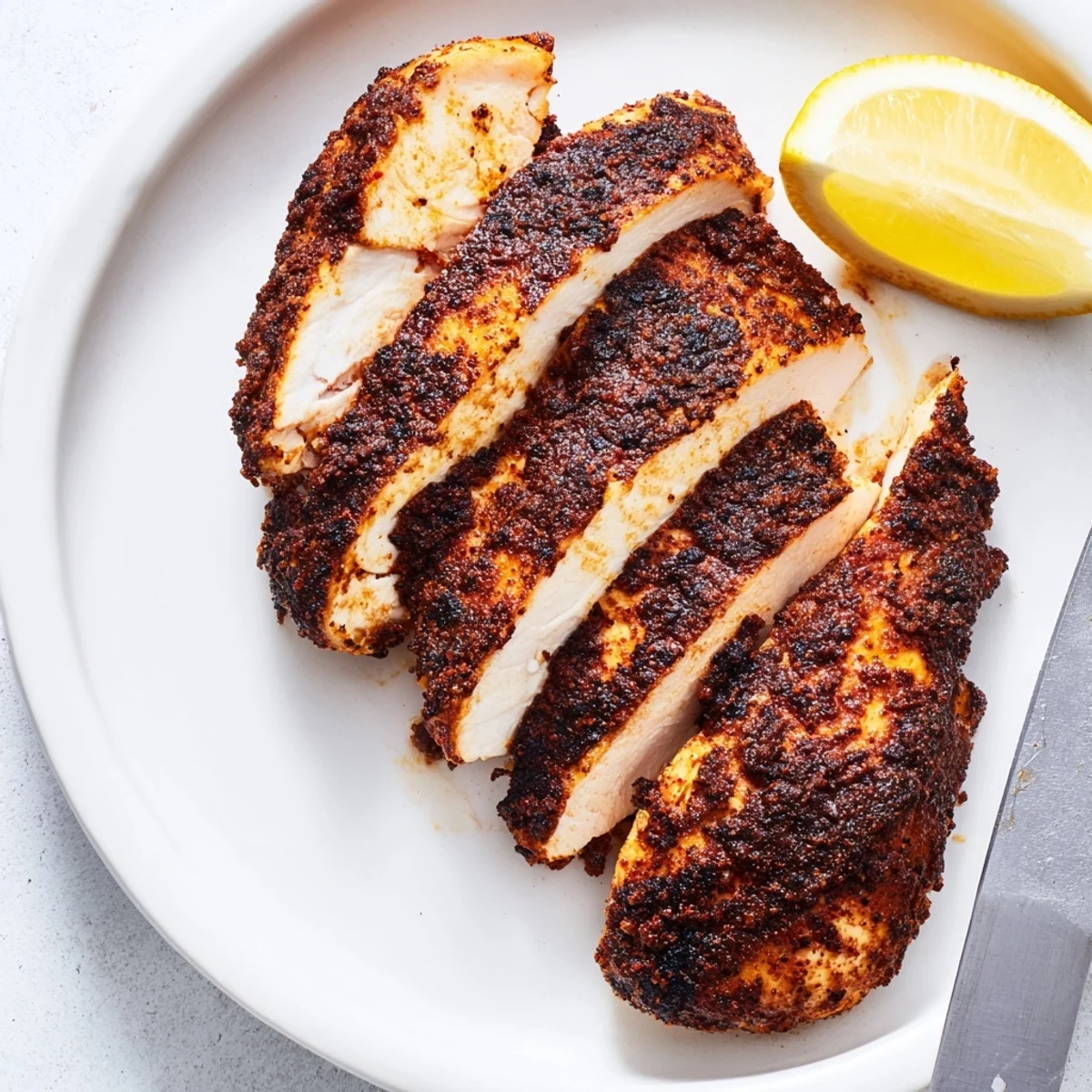 Juicy Cajun spiced blackened chicken sliced open showing moist tender white meat inside