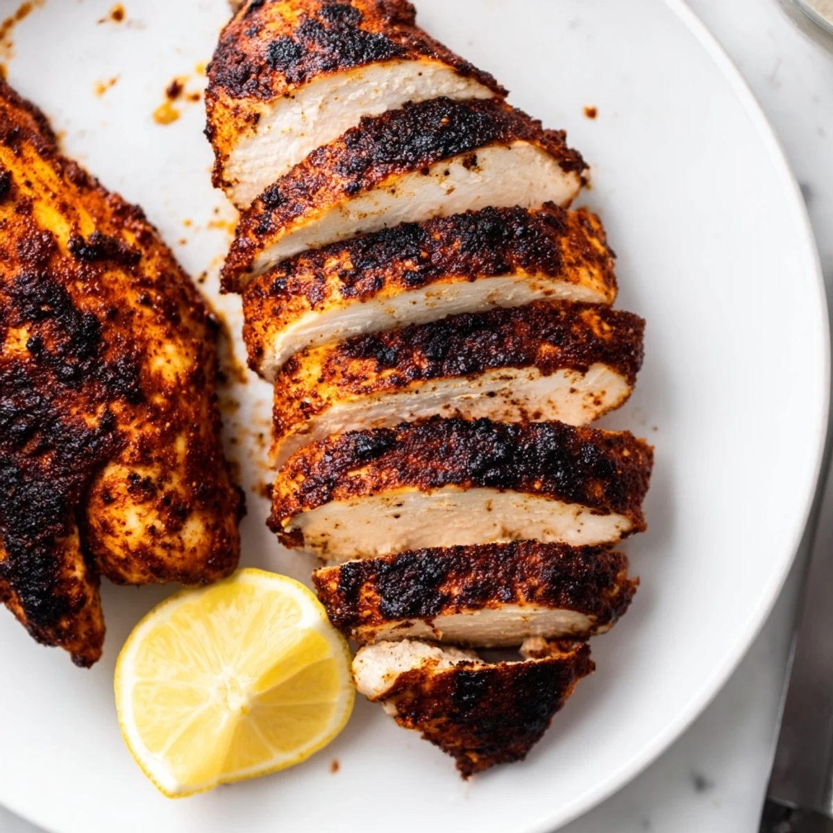 Golden crust blackened chicken breast with dark spicy seasoning and charred edges