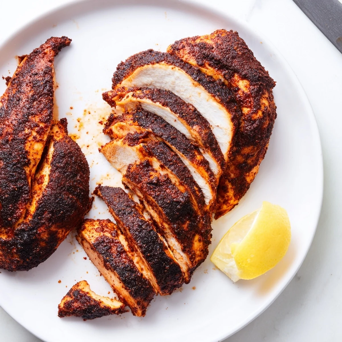 Perfectly seared blackened chicken resting on a white plate with fresh lemon wedges
