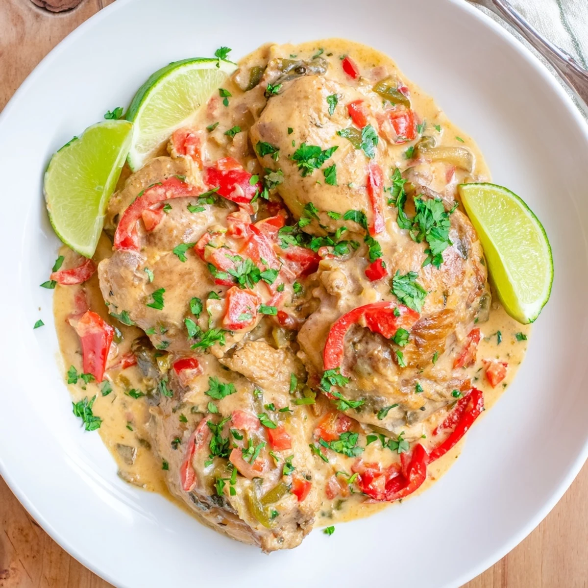 Steaming bowl of spicy Brazilian coconut chicken garnished with fresh cilantro and lime wedges