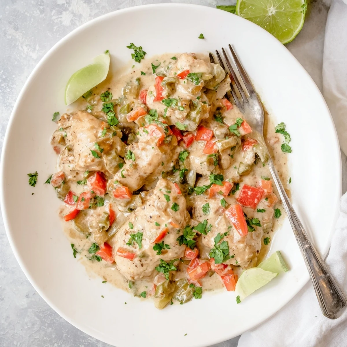 Tender spicy Brazilian coconut chicken simmered in rich coconut milk with diced red peppers