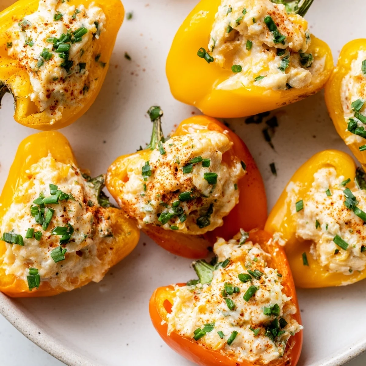 Golden air fryer cream cheese stuffed mini peppers arranged on a serving platter