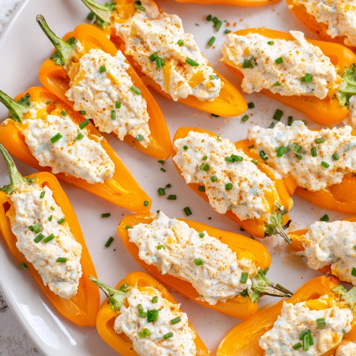 Vibrant red orange peppers filled with savory cream cheese blend air fried to golden perfection