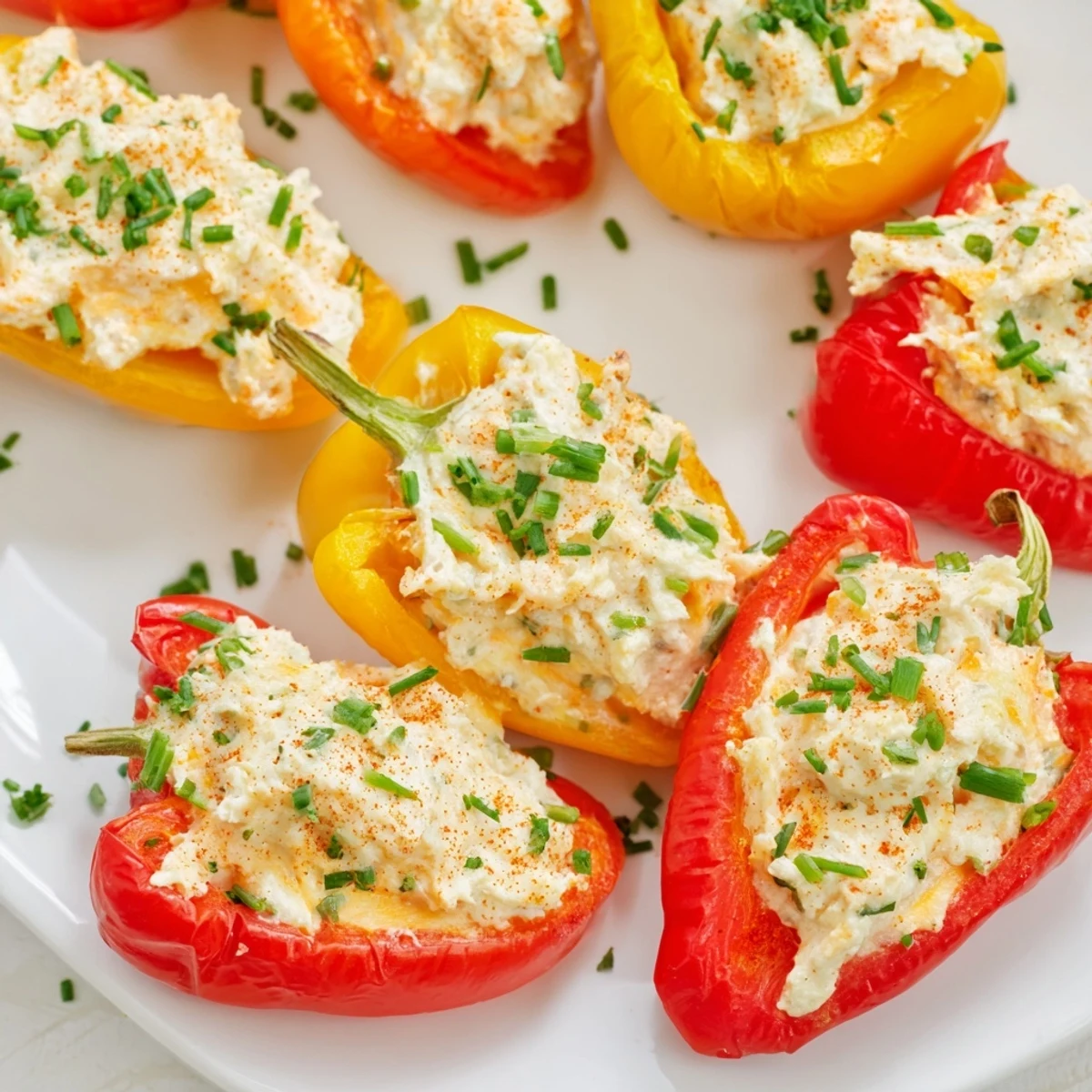 Creamy cheddar Parmesan stuffed mini peppers fresh from the air fryer with herbs