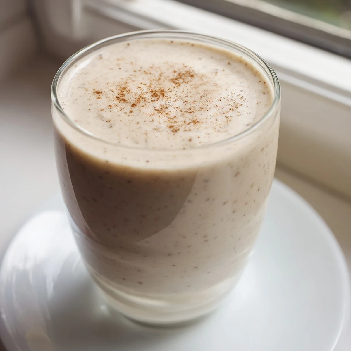 Creamy Greek yogurt banana smoothie poured into glasses topped with fresh banana slices