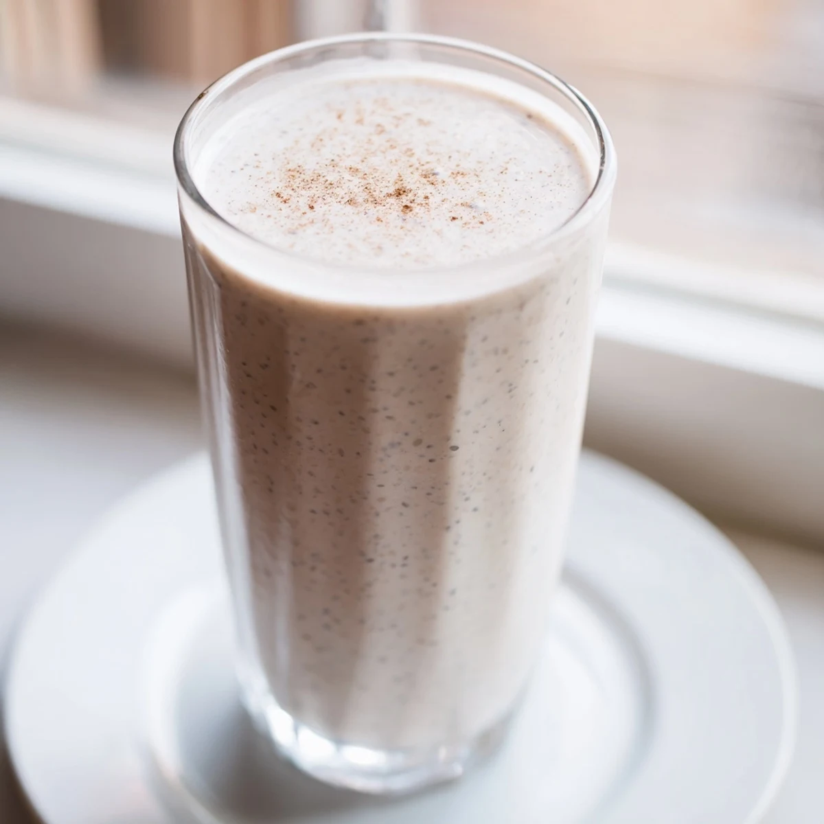Thick Greek yogurt banana smoothie blended with ice and vanilla extract