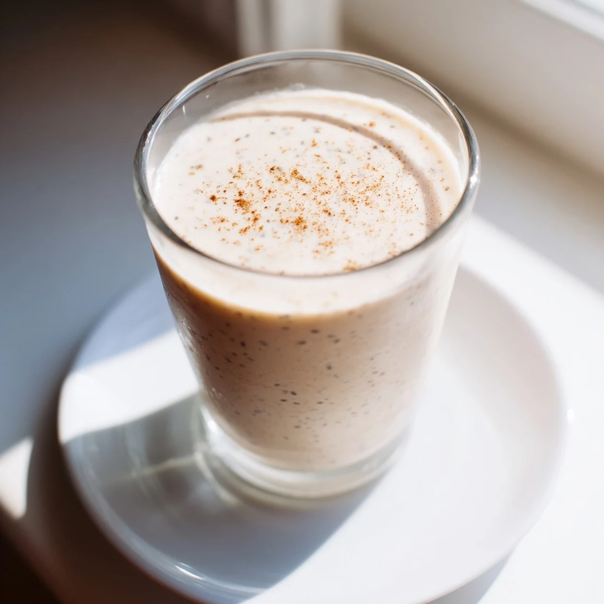 Golden Greek yogurt banana smoothie in tall glasses with cinnamon dusting on top