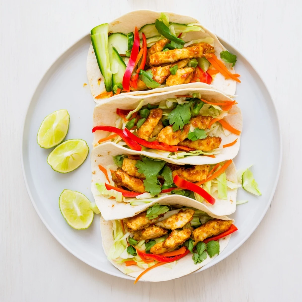 Golden sweet chili chicken wraps filled with crisp colorful vegetables wrapped in soft warm flour tortillas