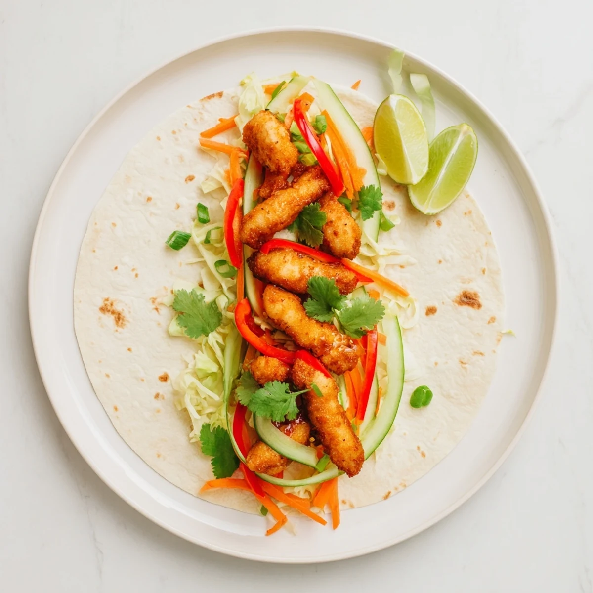 Sliced sweet chili chicken wraps revealing tender marinated meat with crunchy julienned carrots and bell peppers