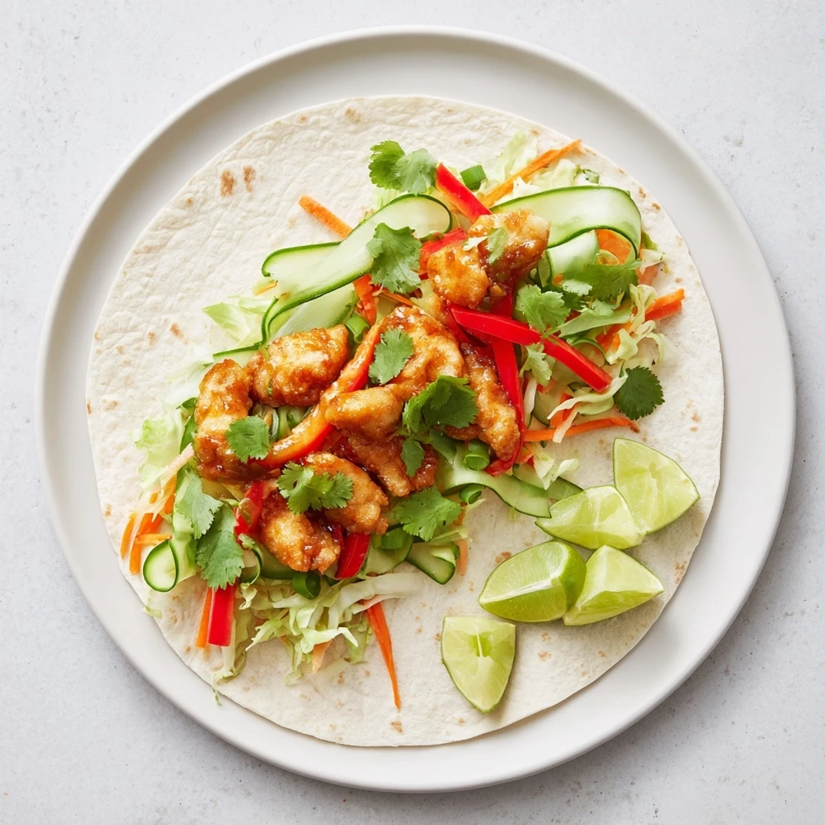 Handheld sweet chili chicken wraps featuring zesty sauce coated chicken strips nestled in fresh lettuce and veggies