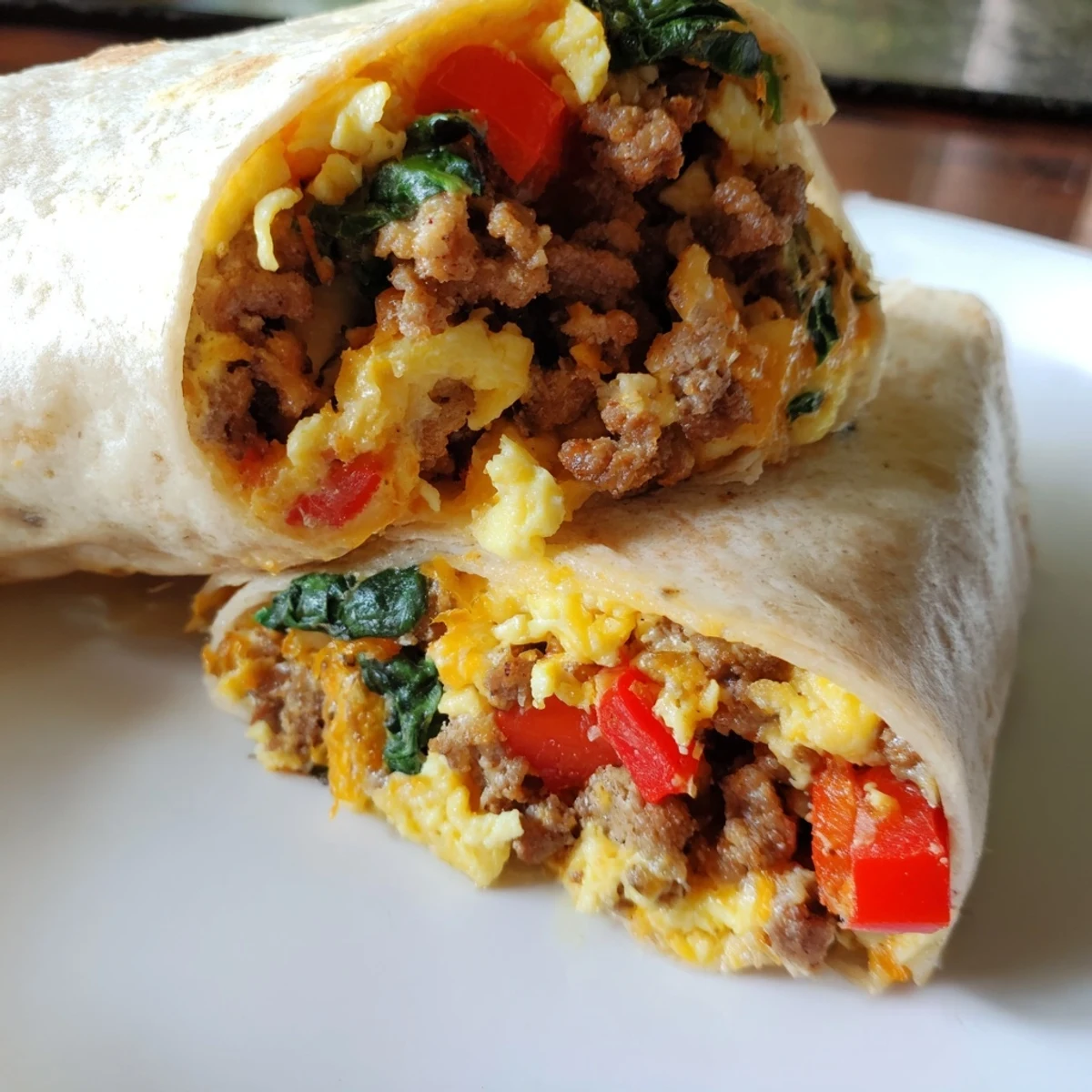 Fluffy scrambled eggs and savory sausage stuffed inside large make-ahead breakfast burritos ready for freezing