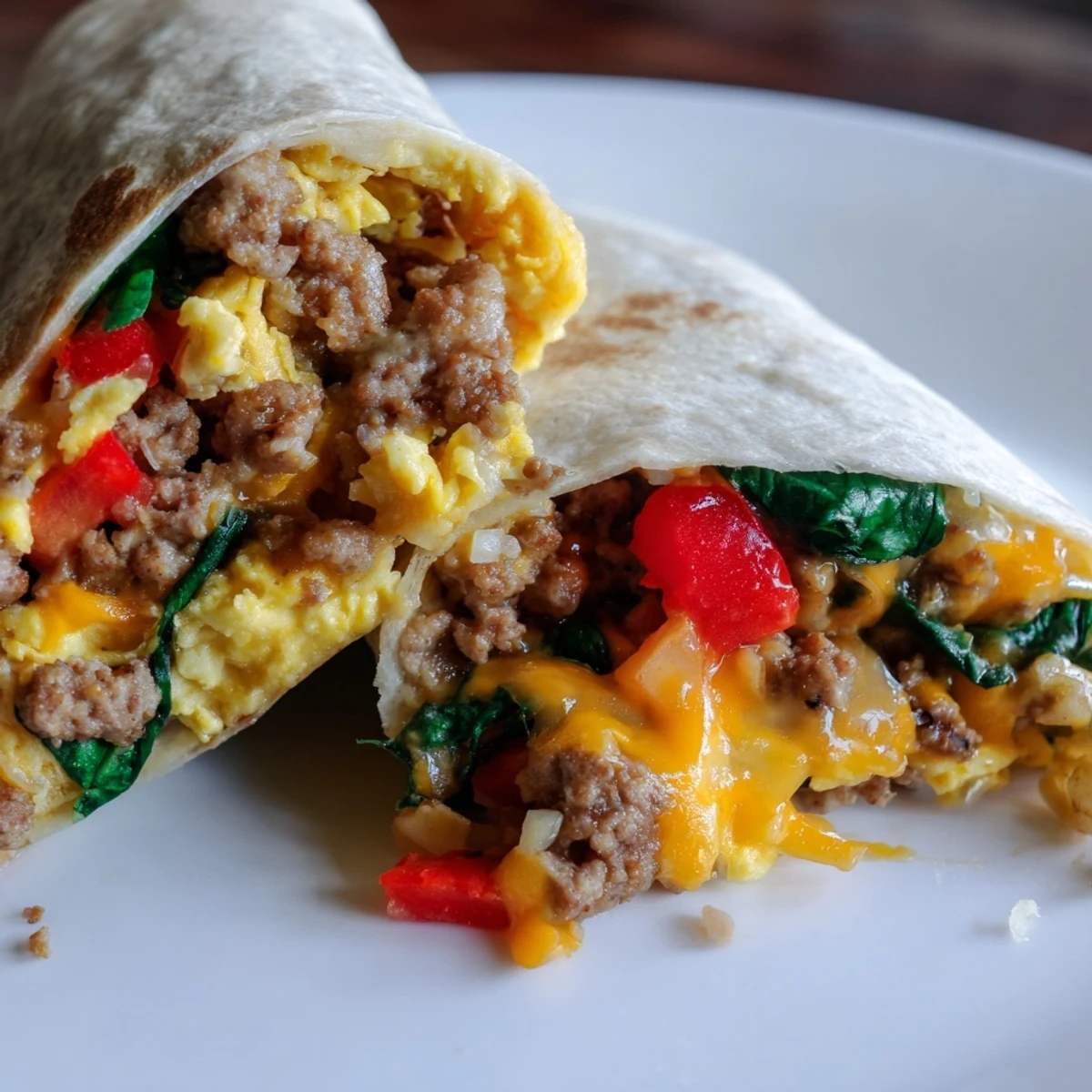 Golden make-ahead breakfast burritos wrapped in foil with melted cheddar cheese peeking through warm flour tortillas