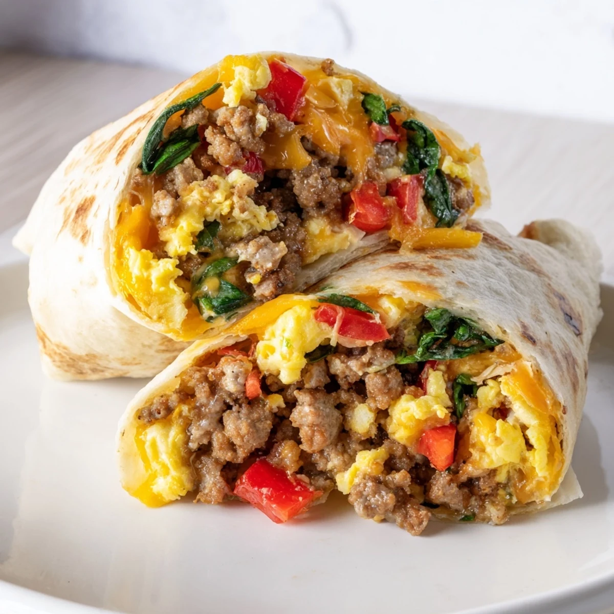 Plated make-ahead breakfast burritos with colorful diced peppers and spinach nestled in soft tortilla wraps