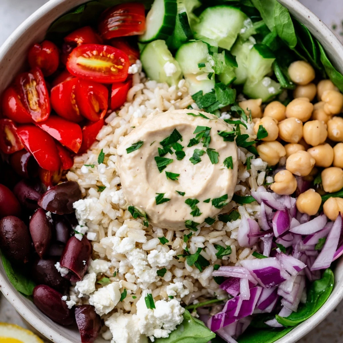 Healthy Mediterranean rice bowl topped with cherry tomatoes, cucumber, olives, and crumbled feta on fluffy white rice