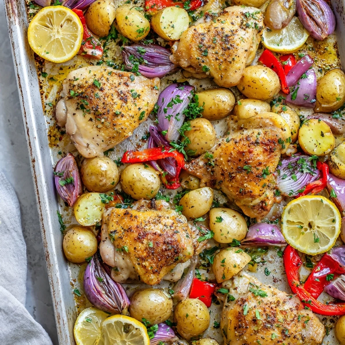 Golden roasted chicken thighs with crispy skin nestled beside tender baby potatoes and colorful vegetables on a baking sheet