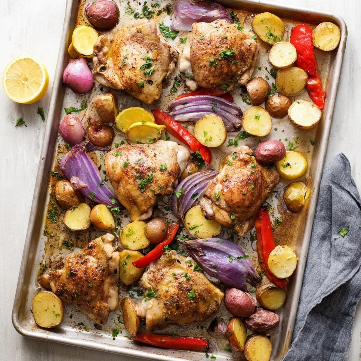 One-pan dinner featuring herb-marinated chicken thighs surrounded by golden roasted potatoes and garnished with fresh parsley