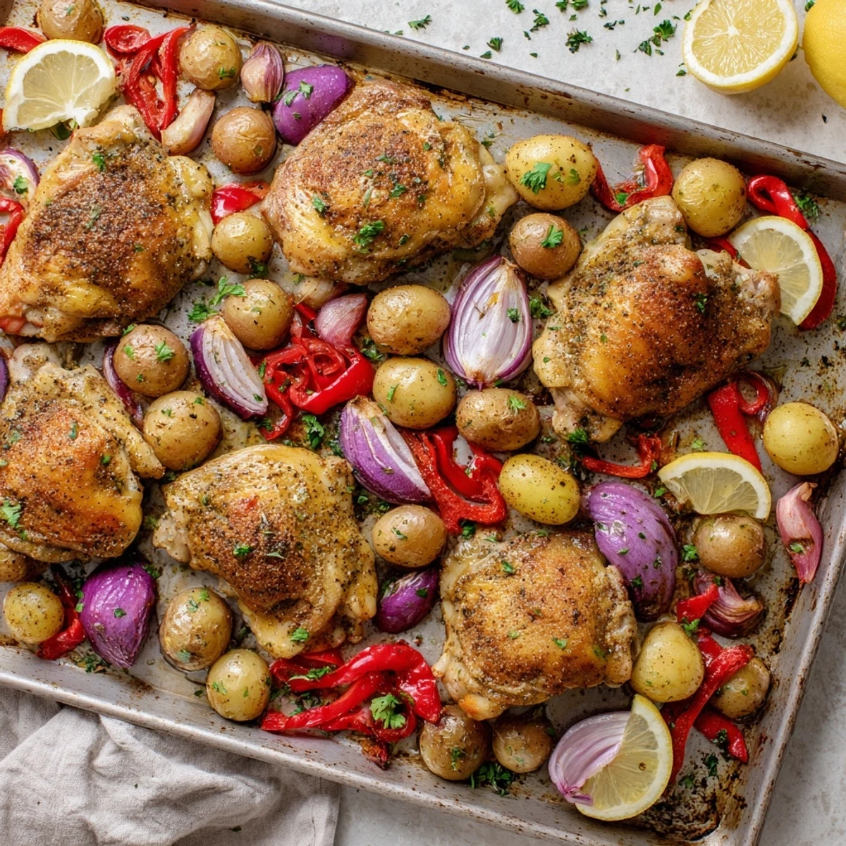Sheet pan chicken and potatoes arranged with red onion wedges and bell pepper strips fresh from the oven
