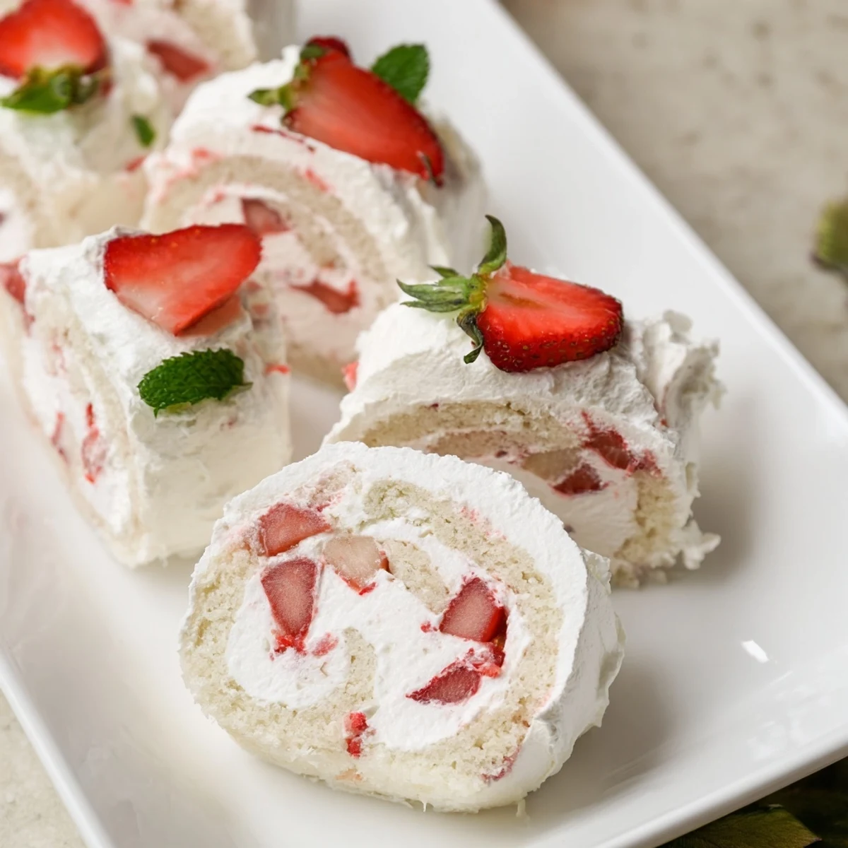 Playful strawberry shortcake sushi rolls featuring vanilla cake, fresh strawberries, and whipped cream garnished with mint