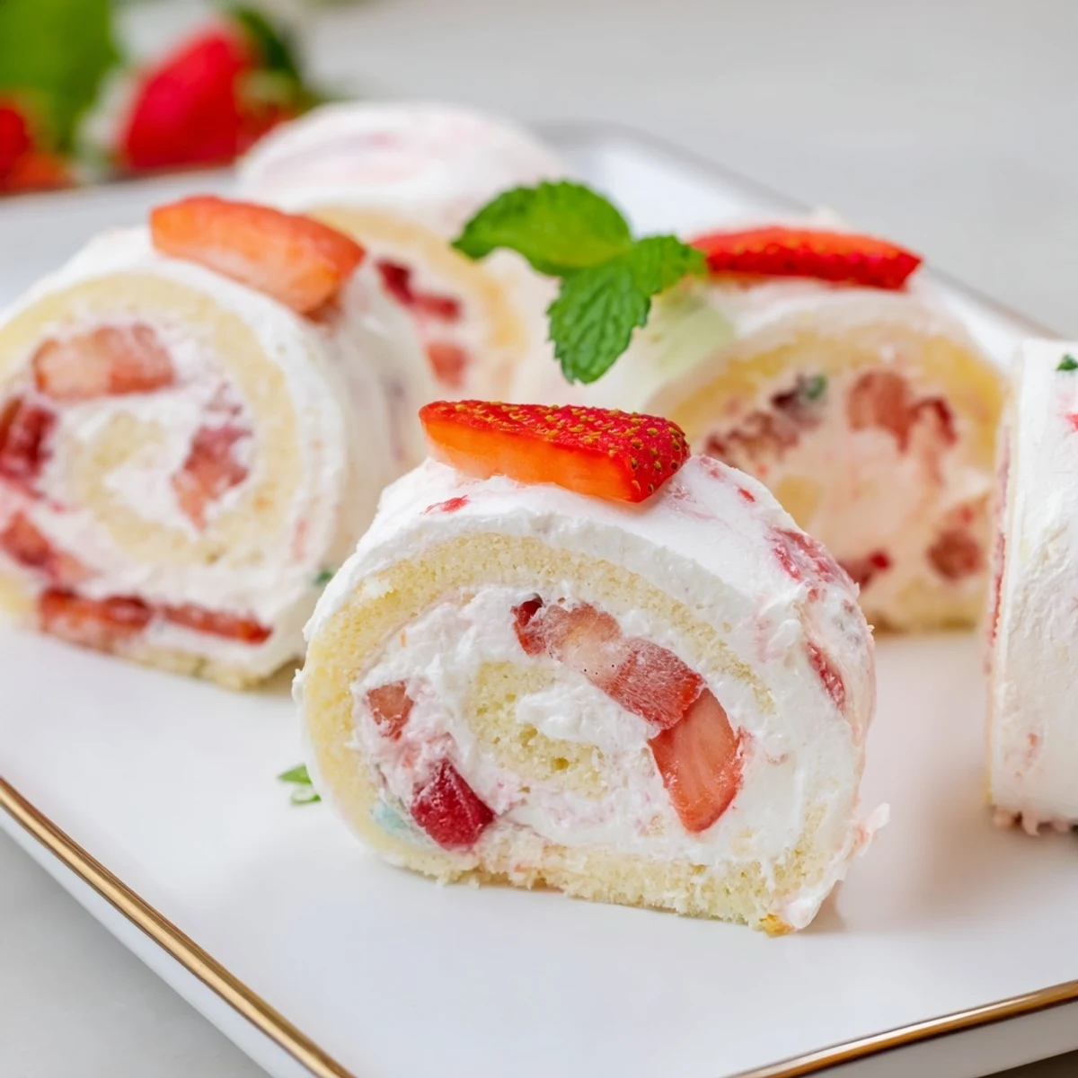 Dessert sushi with rolled vanilla cake stuffed with sweet diced strawberries and fluffy whipped cream filling