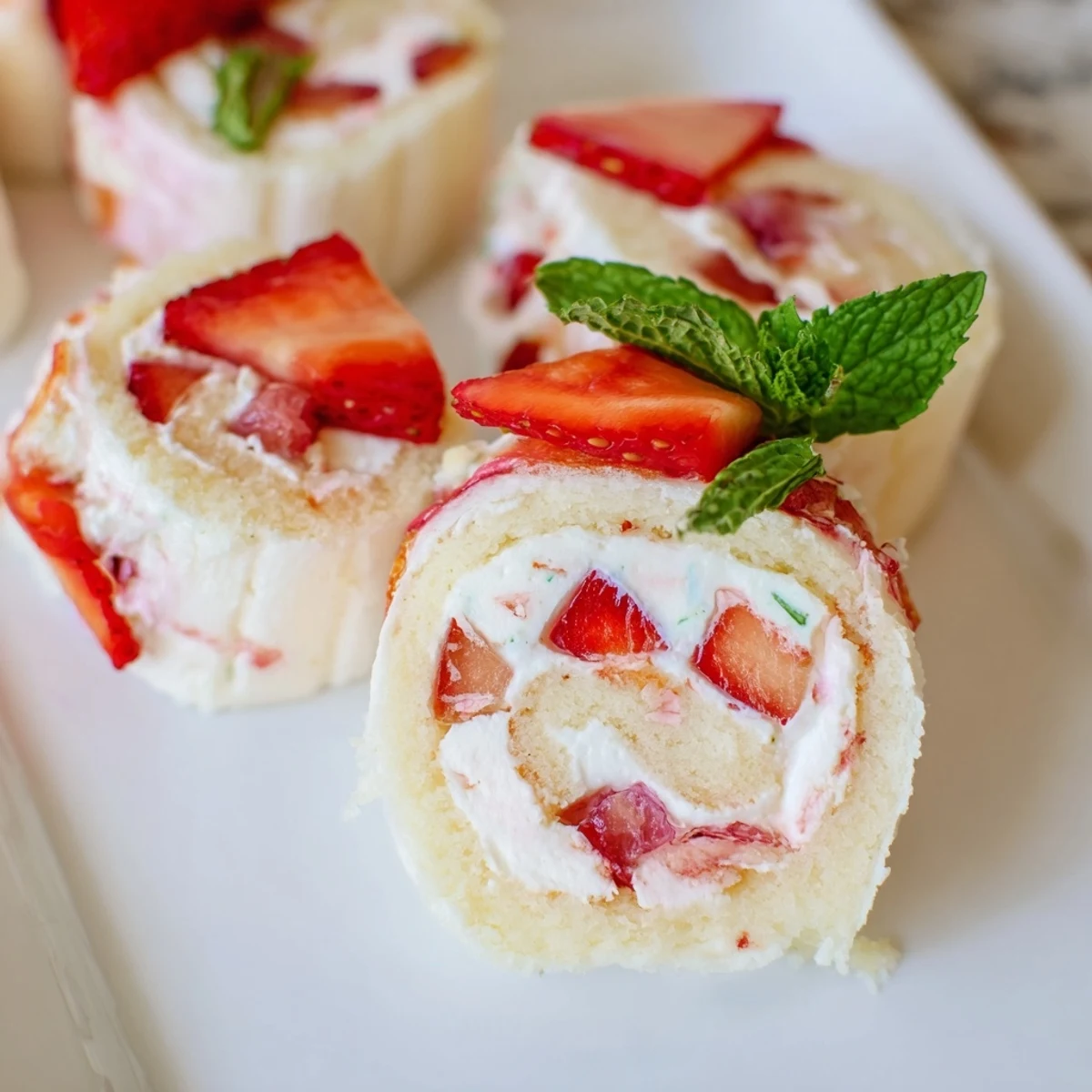 Fusion strawberry shortcake sushi displaying sliced strawberry tops and mint on whipped cream filled cake rolls