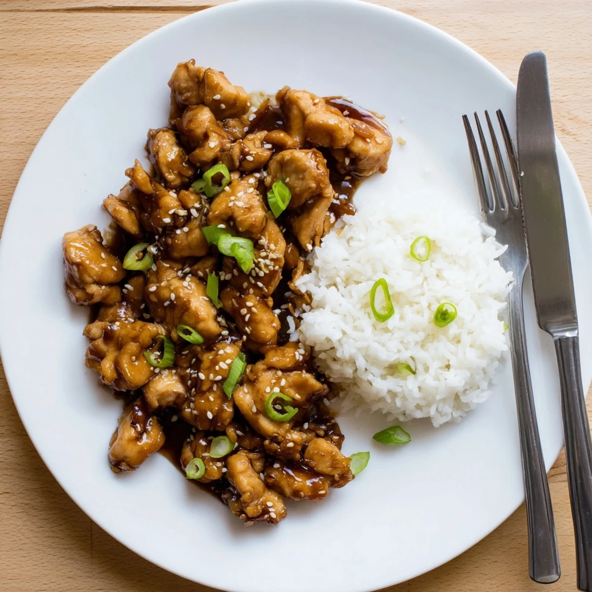 Golden Mongolian chicken pieces coated in a glossy brown sugar soy sauce garnished with green onions and sesame seeds