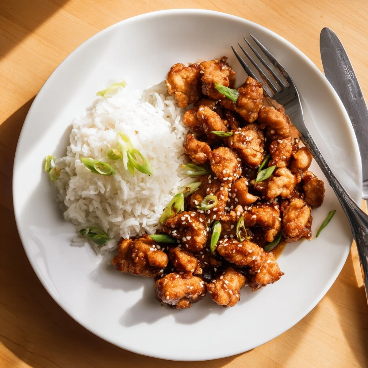 Mouthwatering Mongolian chicken with caramelized ginger garlic glaze sprinkled with toasted sesame seeds and sliced scallions