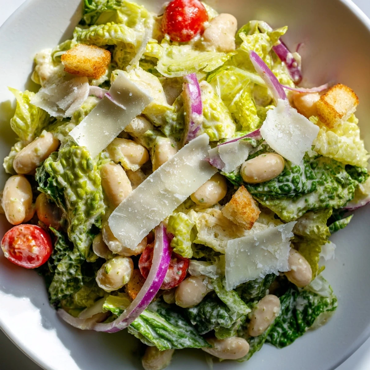 Protein-rich butter bean Caesar salad tossed with tangy homemade dressing and crunchy croutons