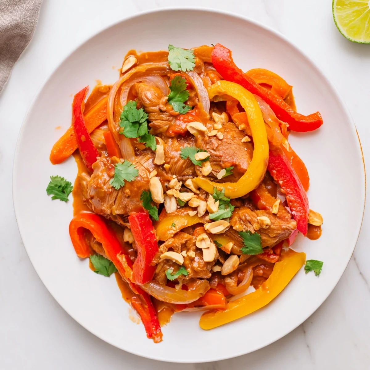 Vibrant slow cooker peanut chicken served over steamed jasmine rice with fresh cilantro garnish