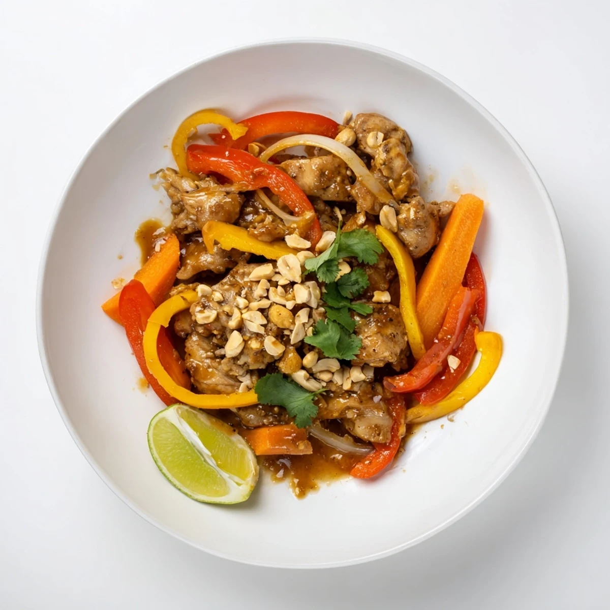 Slow cooker peanut chicken featuring tender shredded pieces coated in rich, creamy peanut sauce