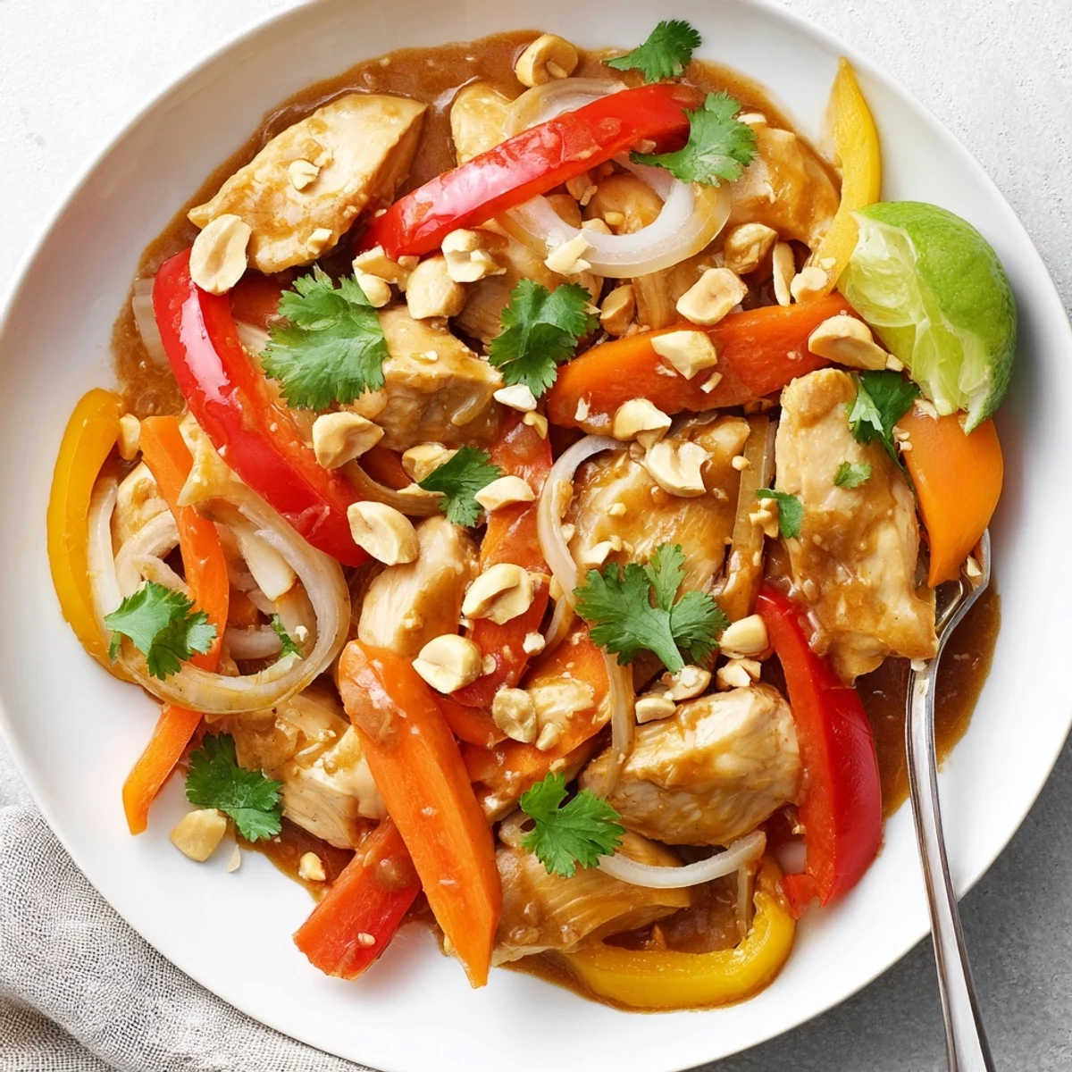 Creamy slow cooker peanut chicken with colorful bell peppers and crunchy roasted peanut topping