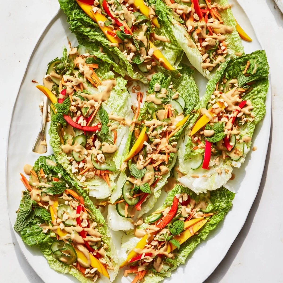 Fresh Thai mango cabbage wraps filled with colorful vegetables and drizzled with creamy peanut sauce