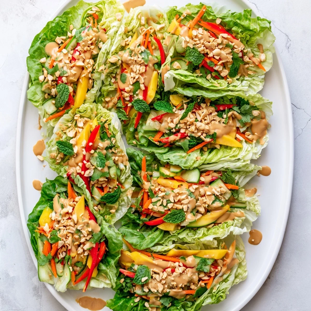 Vibrant cabbage wraps featuring sweet mango strips and crunchy veggies topped with tangy peanut dressing