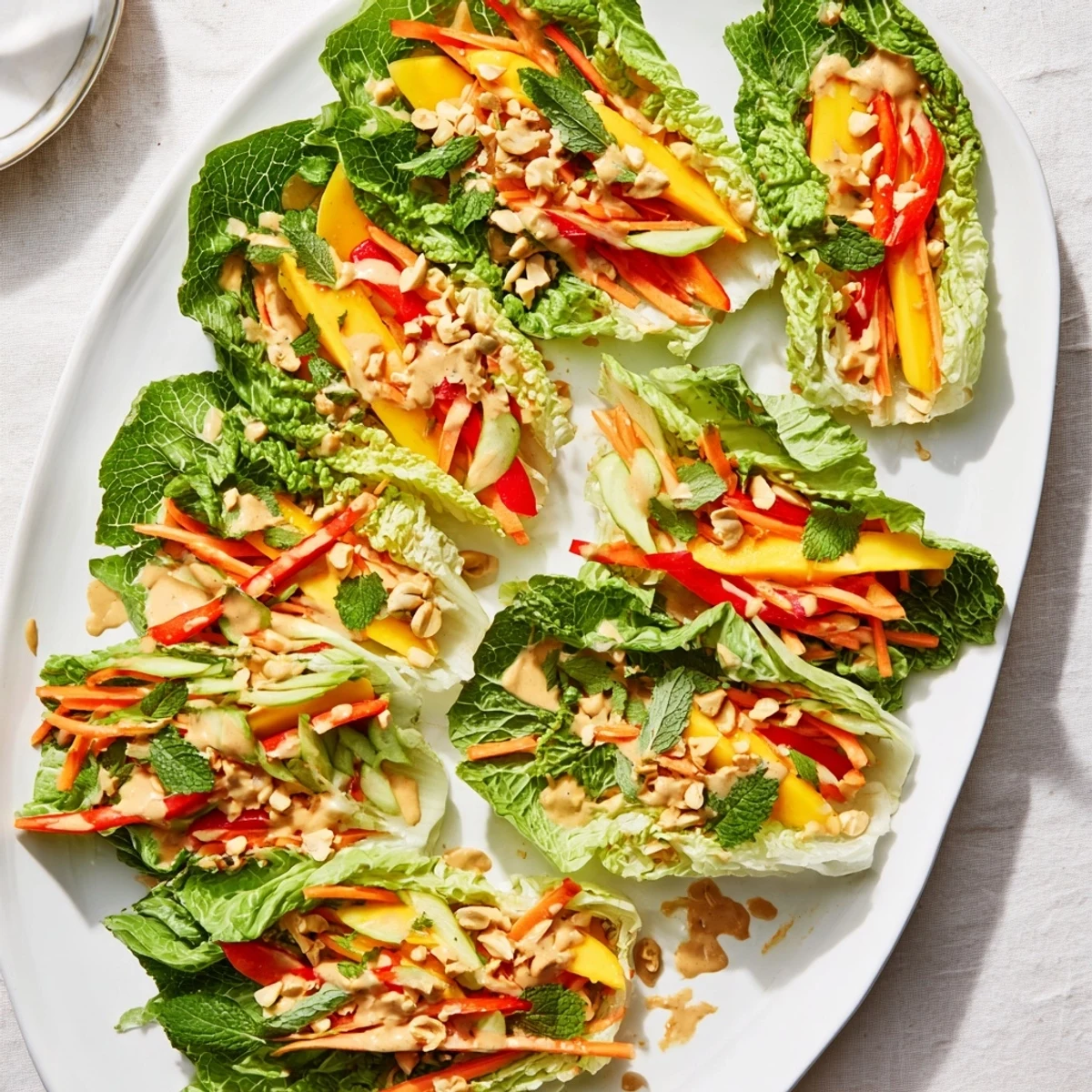 Light and refreshing Thai mango cabbage wraps with julienned vegetables and rich peanut sauce garnish