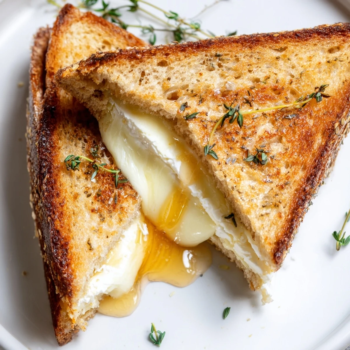 Gourmet grilled cheese featuring creamy goat cheese and sweet honey drizzle on crispy toasted country bread
