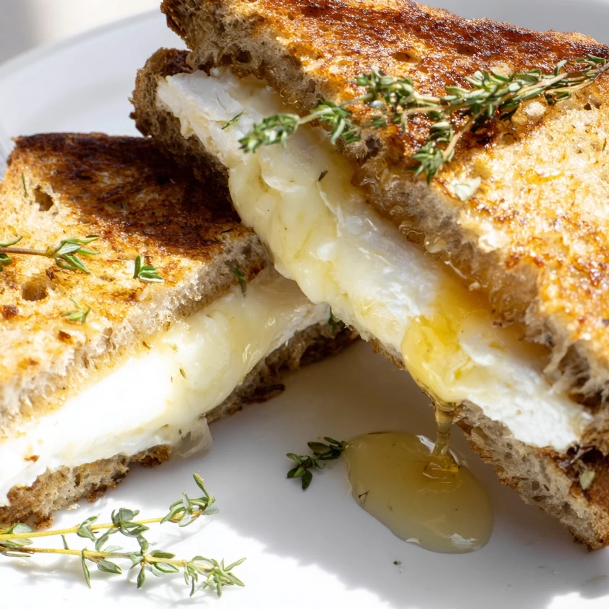 Golden brown goat cheese and honey grilled cheese sandwich on rustic sourdough bread with melted cheese layers