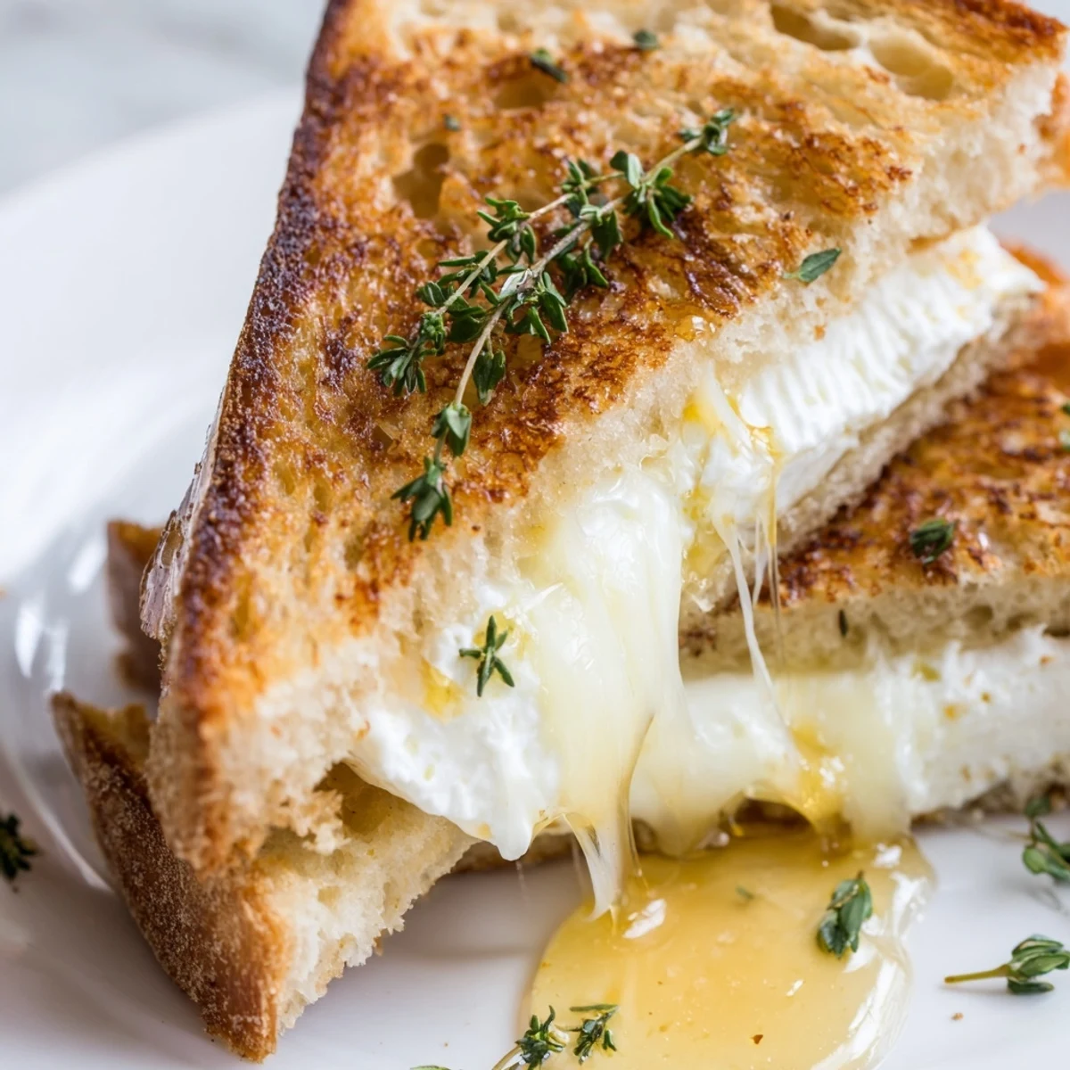 Sliced goat cheese and honey grilled cheese sandwich showing golden crust with warm oozing cheese interior