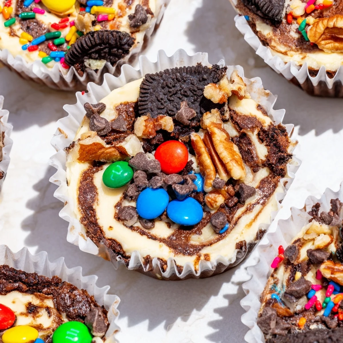 Decadent layered loaded brownie cheesecake cups with crushed Oreos and chopped pecans on white plate
