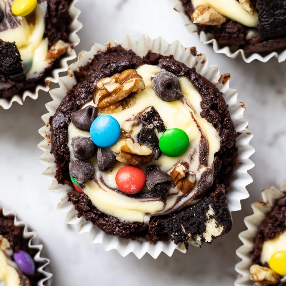 Gooey loaded brownie cheesecake cups swirled with creamy cheesecake filling and mini chocolate chips