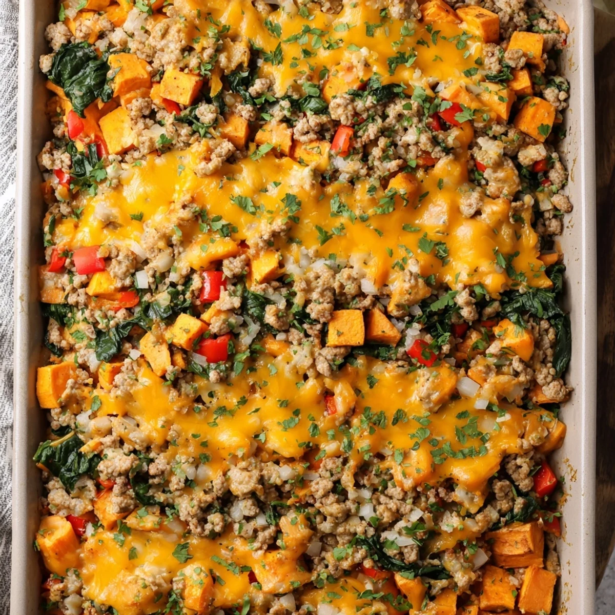 Golden ground turkey sweet potato bake with melted cheddar and fresh parsley garnish