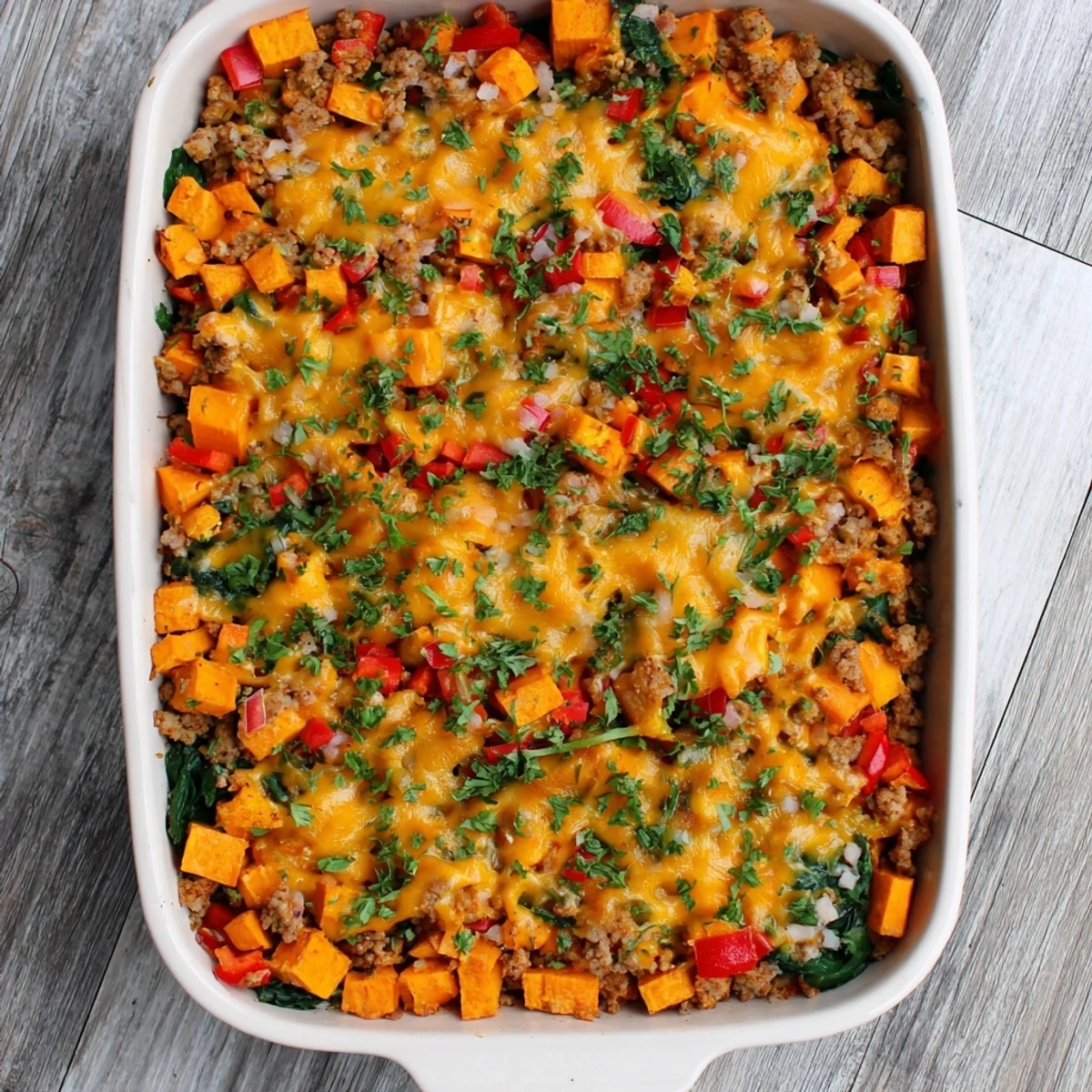 Hearty casserole dish featuring seasoned turkey, tender sweet potatoes, and colorful vegetables bubbling hot