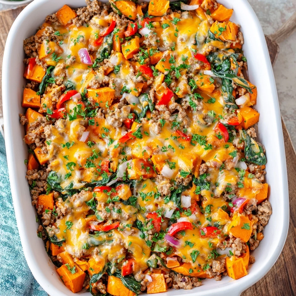 Family-sized ground turkey sweet potato bake served piping hot from the oven with cheese