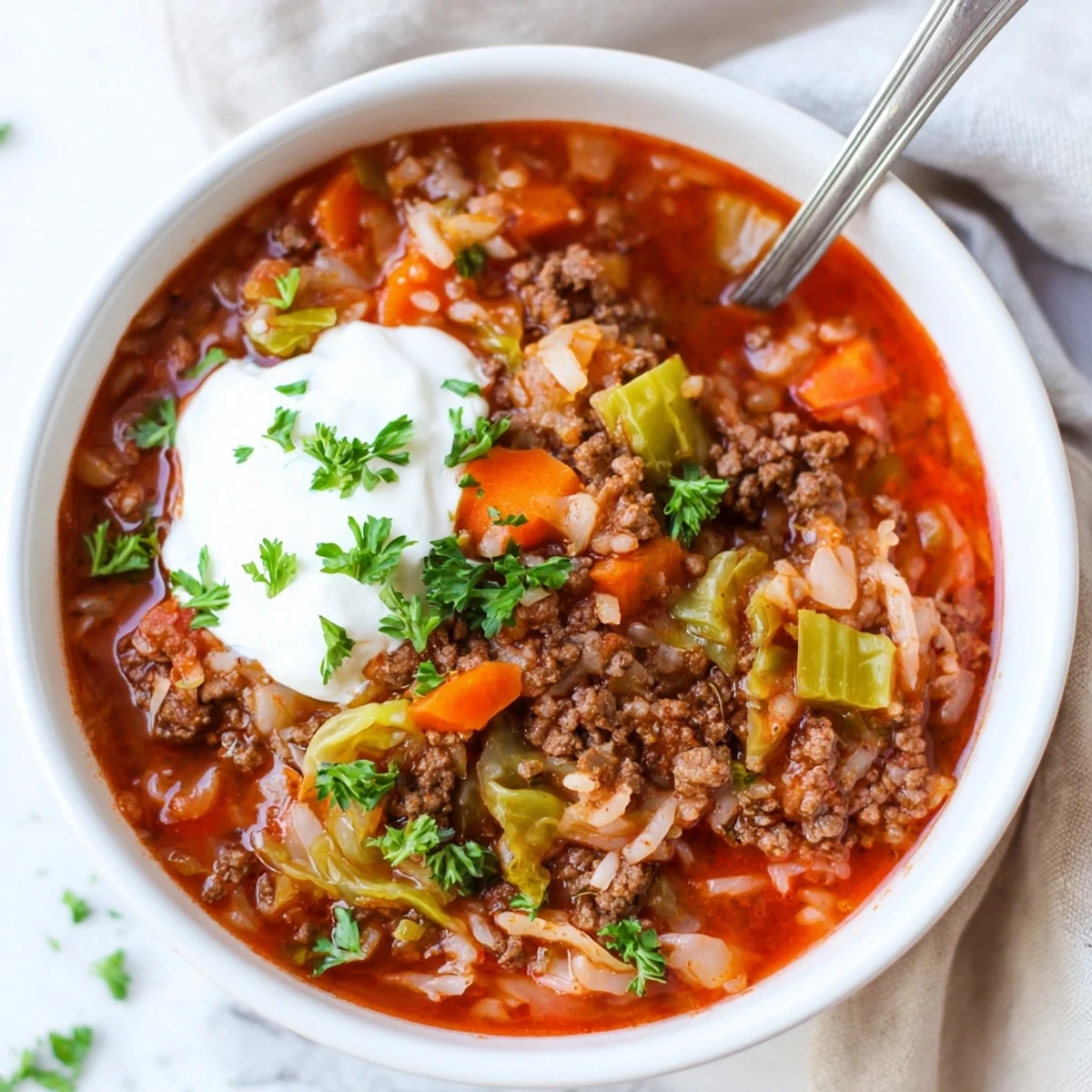 Hearty unstuffed cabbage roll soup with tender beef, rice, and vegetables in rich tomato broth