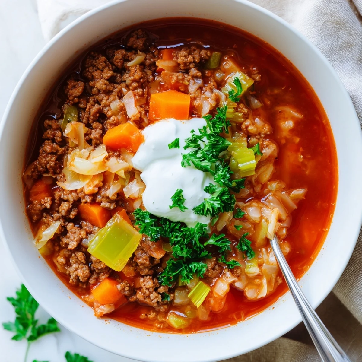 Savory unstuffed cabbage roll soup featuring ground beef, cabbage, and rice in a deep red pot