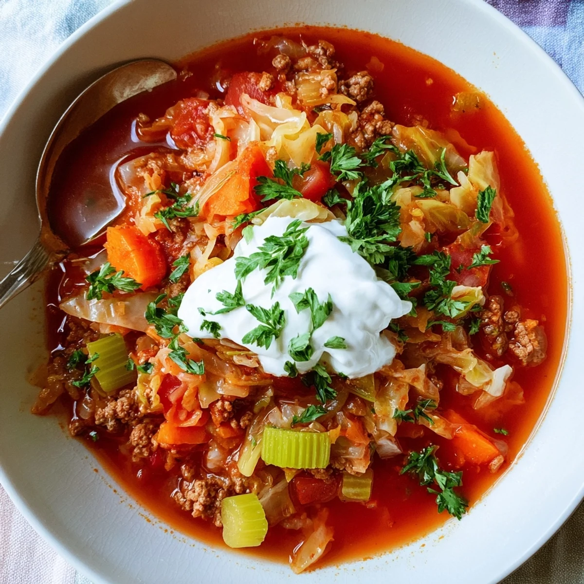 Steaming bowl of unstuffed cabbage roll soup garnished with fresh parsley and creamy sour cream