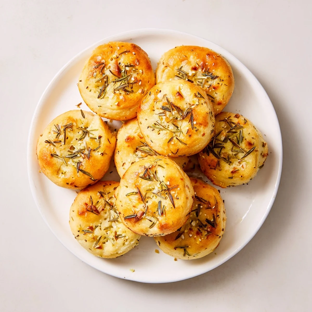 Golden garlic rosemary focaccia muffins baked to perfection with flaky sea salt topping