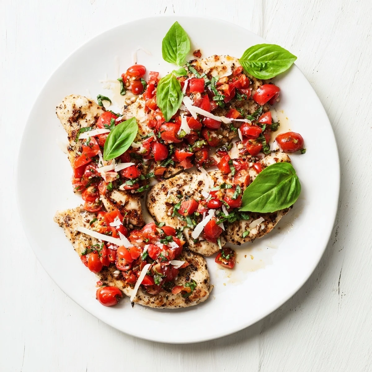 Golden grilled chicken breast piled high with vibrant diced tomato basil bruschetta topping