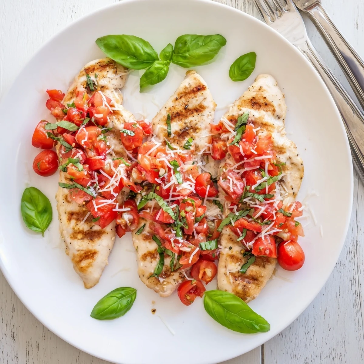 Juicy chicken fillets crowned with fresh bruschetta mixture featuring cherry tomatoes and fragrant basil