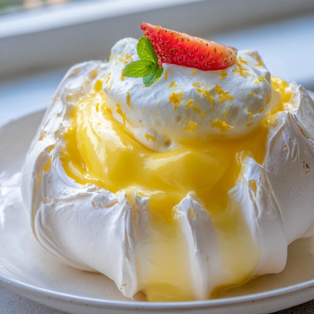 Golden citrus meringues filled with vibrant lemon orange curd topped with fresh berries