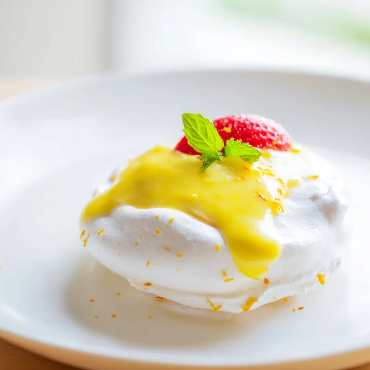 Crisp white meringue nests drizzled with tangy homemade citrus curd and mint garnish